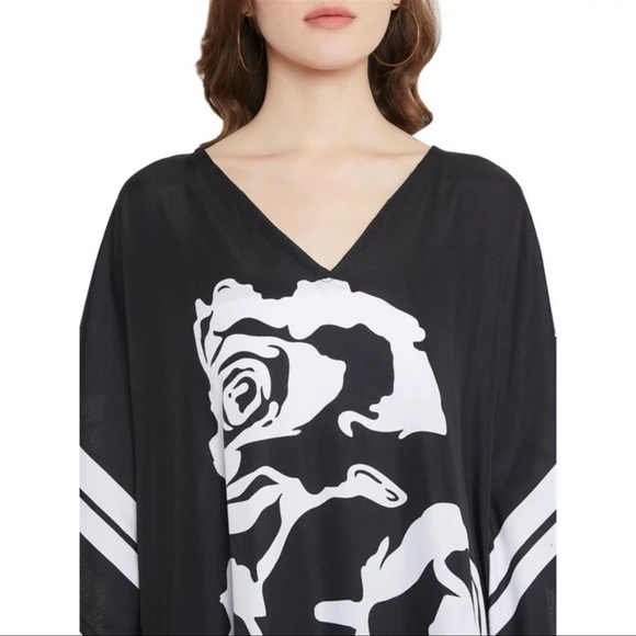 Floral Black & White Short Kaftan Tunic Kimono Cover Up Shirt Dress - Picture 8 of 12